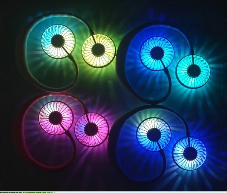 Protable hand free rechargeable USB Mini necklace fan for sports cool with Colorful LED light